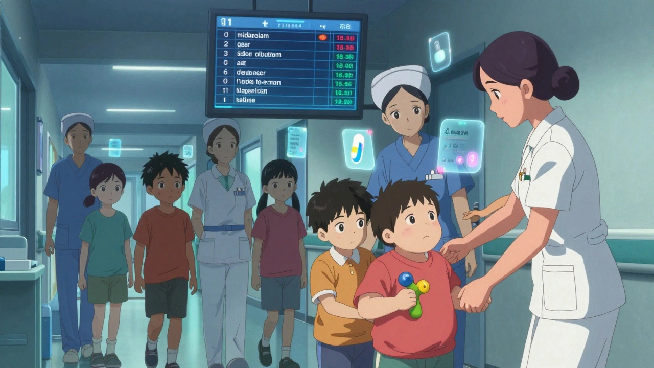 Children and parents walk through a hospital hallway with digital medication checklists displayed overhead.