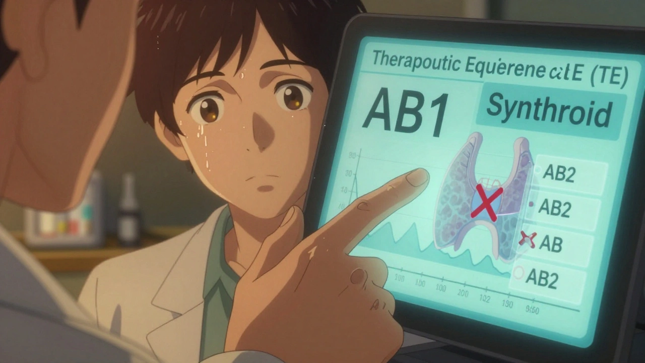 Close-up of a TE code &#039;AB1&#039; on a screen with bioequivalence data glowing beside a thyroid symbol.
