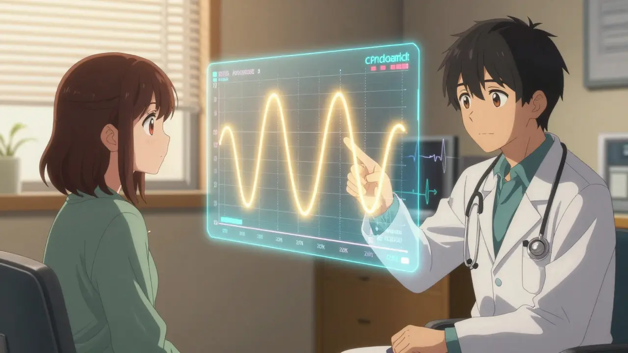 Doctor and patient viewing a holographic graph showing identical pain levels for statin and placebo.