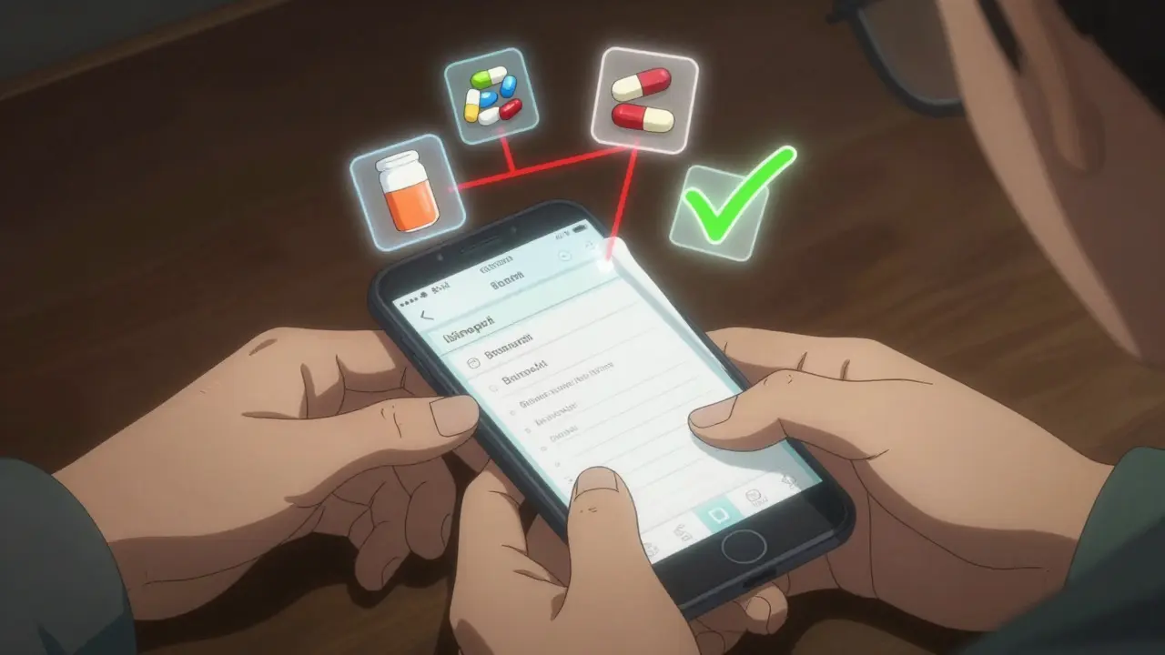 Elderly and younger person reviewing a printed medication list with digital drug interaction icons.