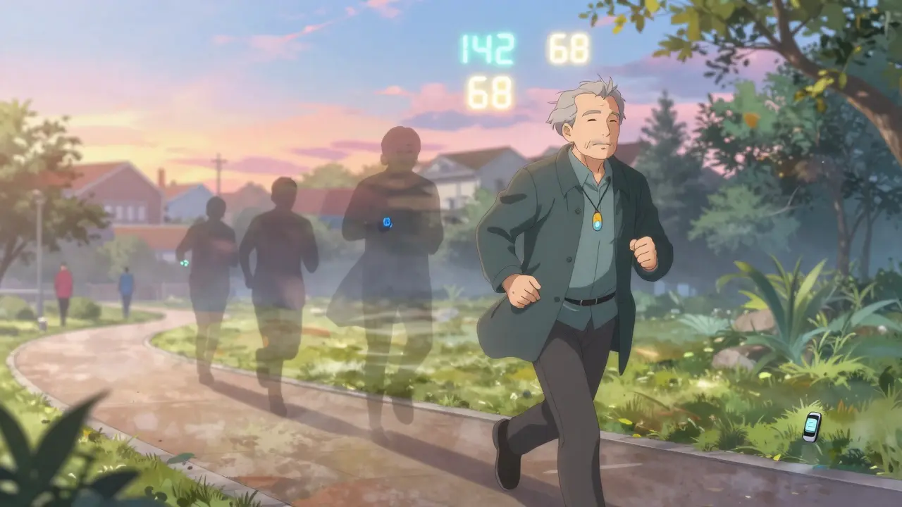 Elderly man jogging at sunrise with cholesterol levels glowing above him as past pain fades into mist.