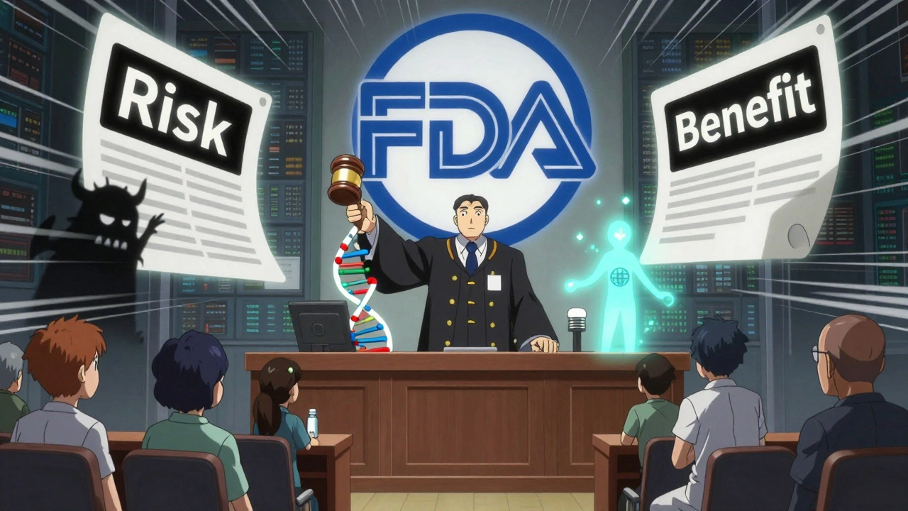 FDA logo as judge presiding over a trial between drug risks and benefits with floating labels and patients watching.