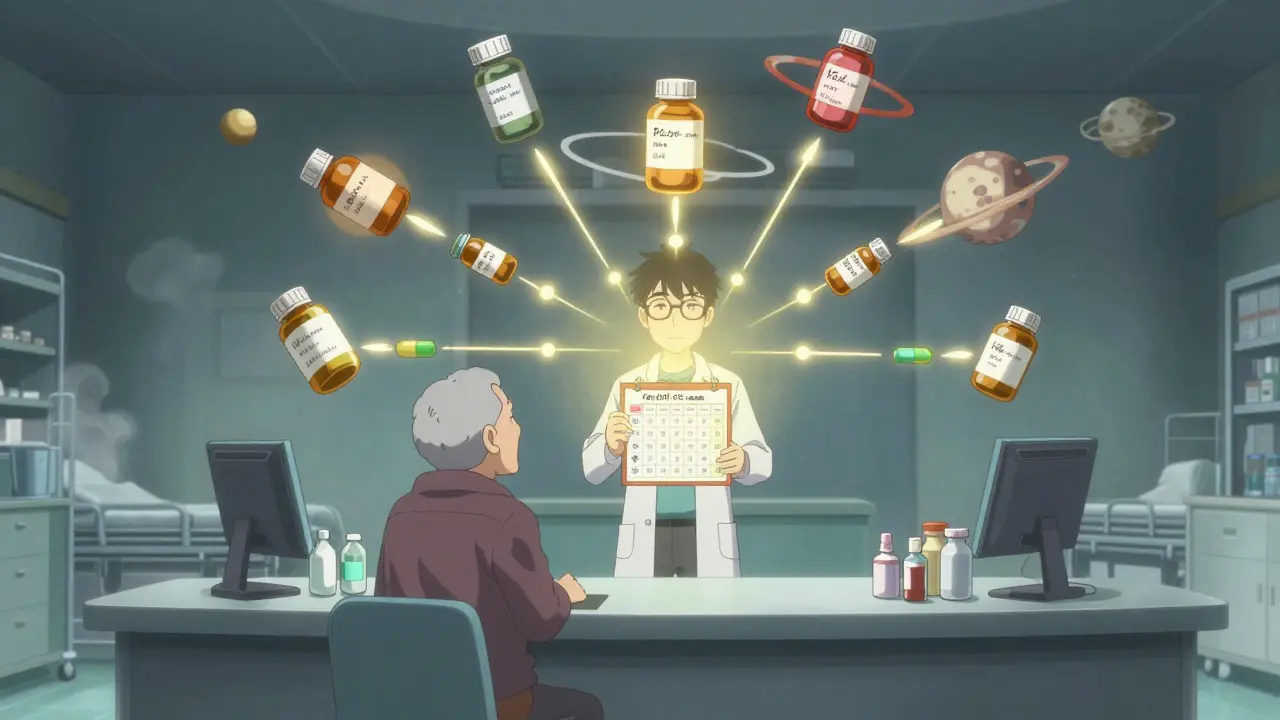 Floating pill bottles orbiting a patient at a pharmacy, connected by light to a synchronization calendar.