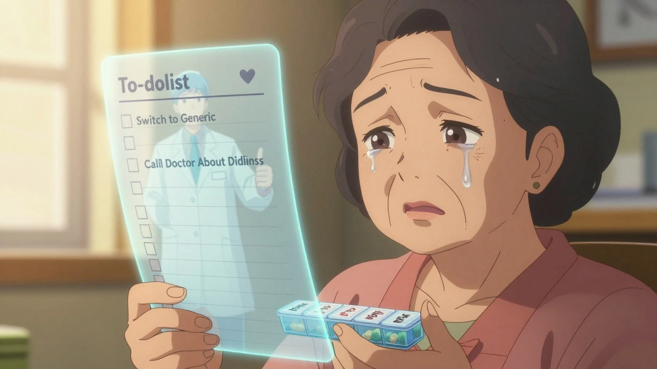 Grandmother holding medication record with glowing to-do list, smiling with relief.