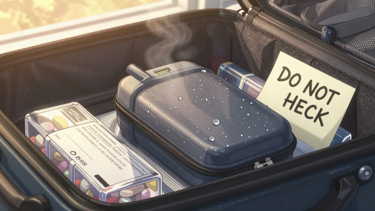 Insulin cooler in carry-on bag with condensation, foil-wrapped pills, and &#039;DO NOT CHECK&#039; note.