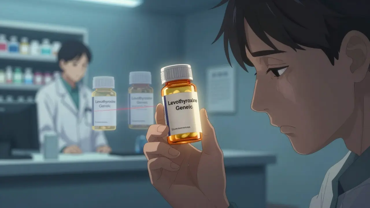 Patient holding generic levothyroxine bottle, ghostly images of brand version and doctor’s note nearby.