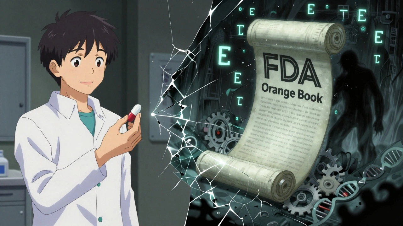 Patient receiving a generic pill while a digital Orange Book scroll unravels in a storm of codes.