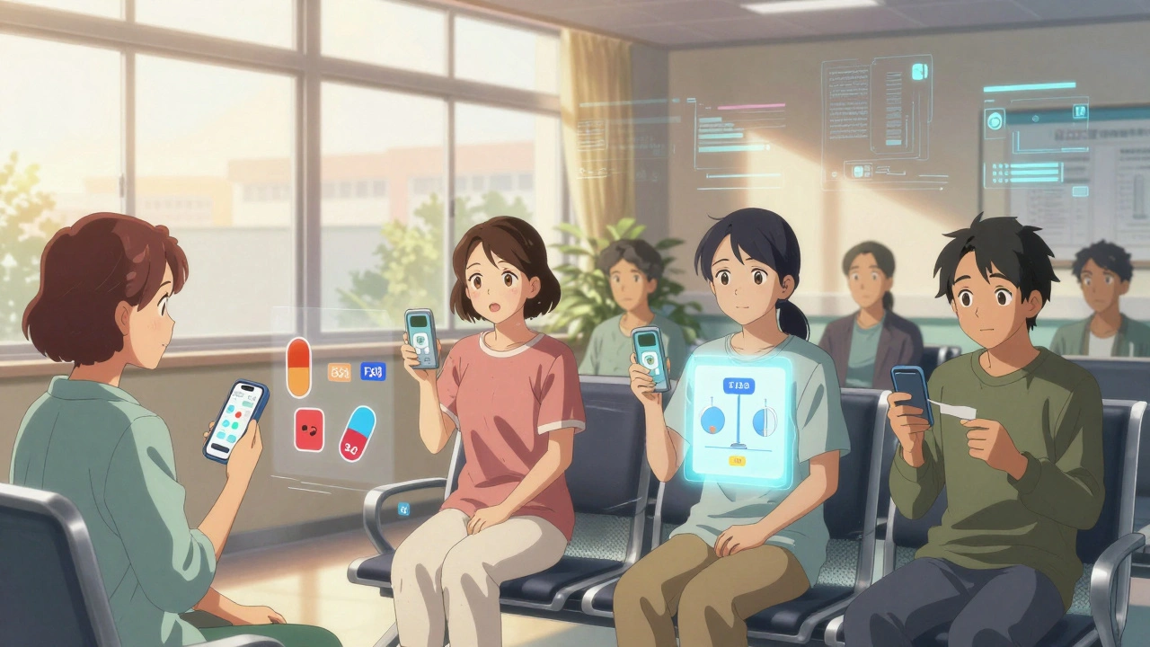 Patients in a waiting room receiving personalized visualizations of medication trade-offs on glowing devices.