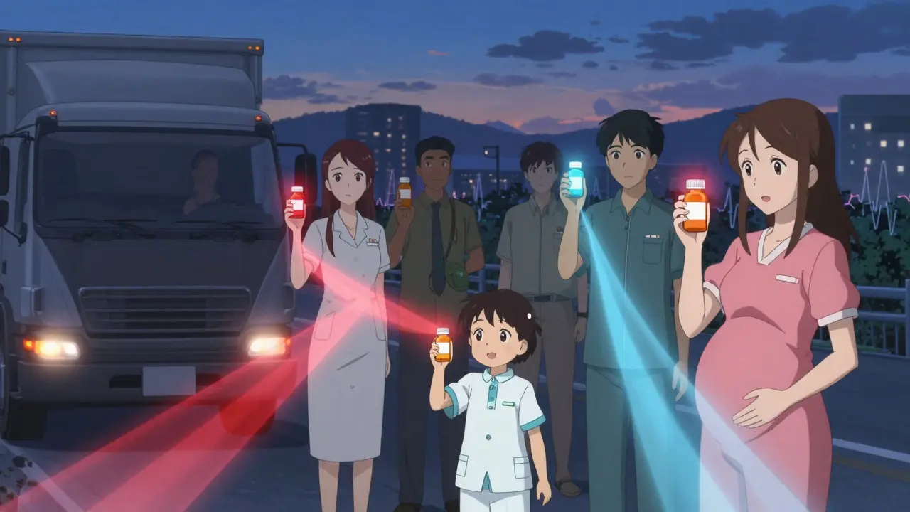 People with glowing pathways showing cetirizine's sleepiness and fexofenadine's alertness in a cityscape.