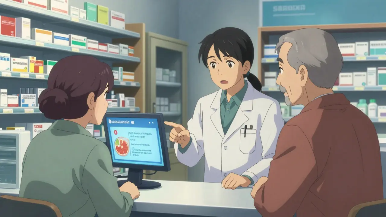 Pharmacist explaining drug interactions to an elderly couple at a pharmacy counter.