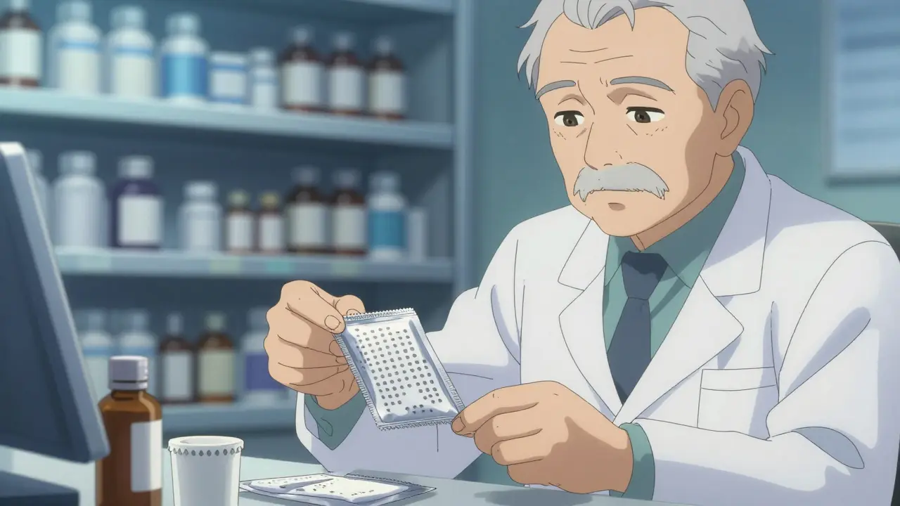 Pharmacist handing a senior a peelable pill pack and Braille-labeled cap under soft blue lighting.