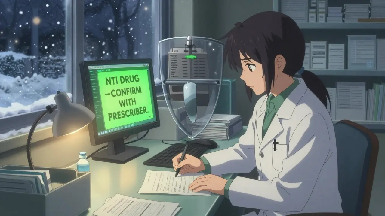 Pharmacist signing consent form with EHR alert for NTI drug, protective documents glowing in background.