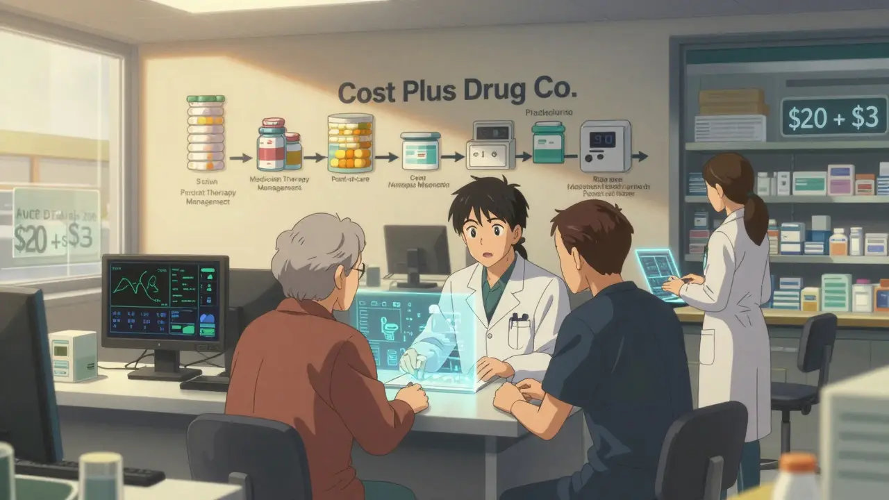 Pharmacists providing patient care in a modern health hub with holographic drug interaction displays.