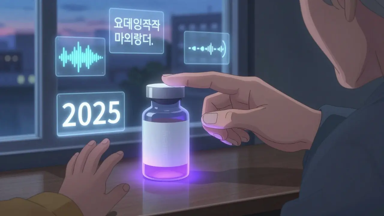 Senior's hand unlocking a smart pill bottle with biometric glow while child is gently blocked.