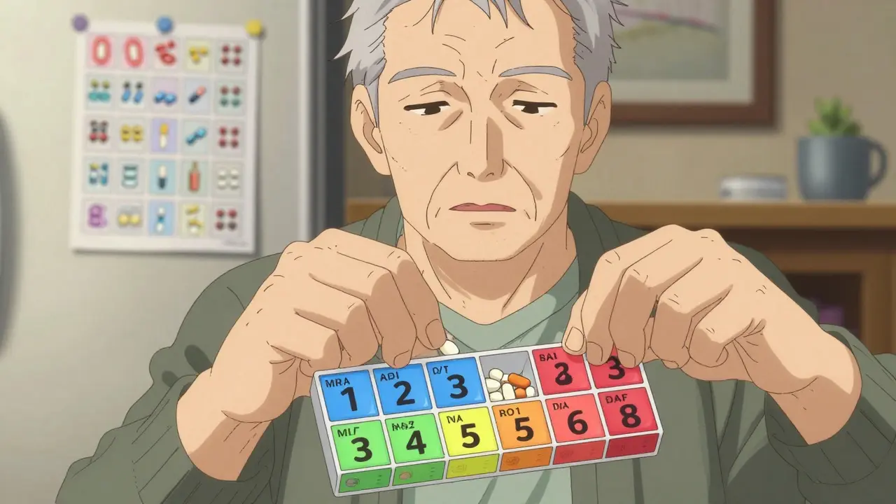 Senior man using a color-coded pill organizer with large print labels.