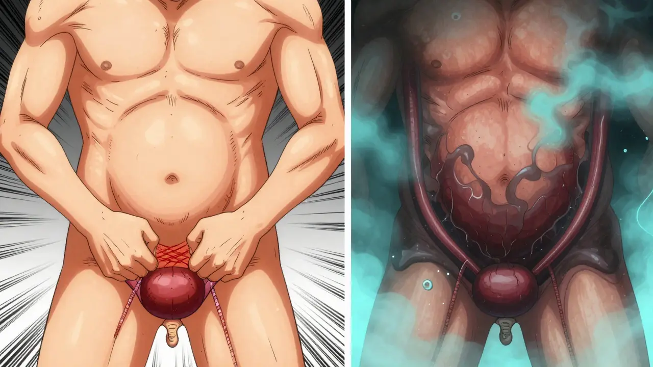 Split-panel illustration showing a prostate blocking urine flow versus an anticholinergic drug suppressing bladder contractions.