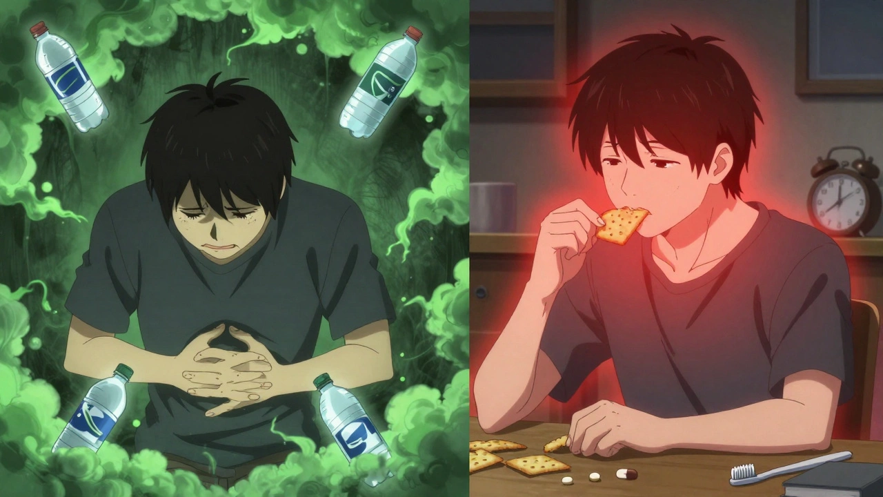 Split scene: nausea vs. relief with ginger and dry crackers, emotional transformation in anime style.