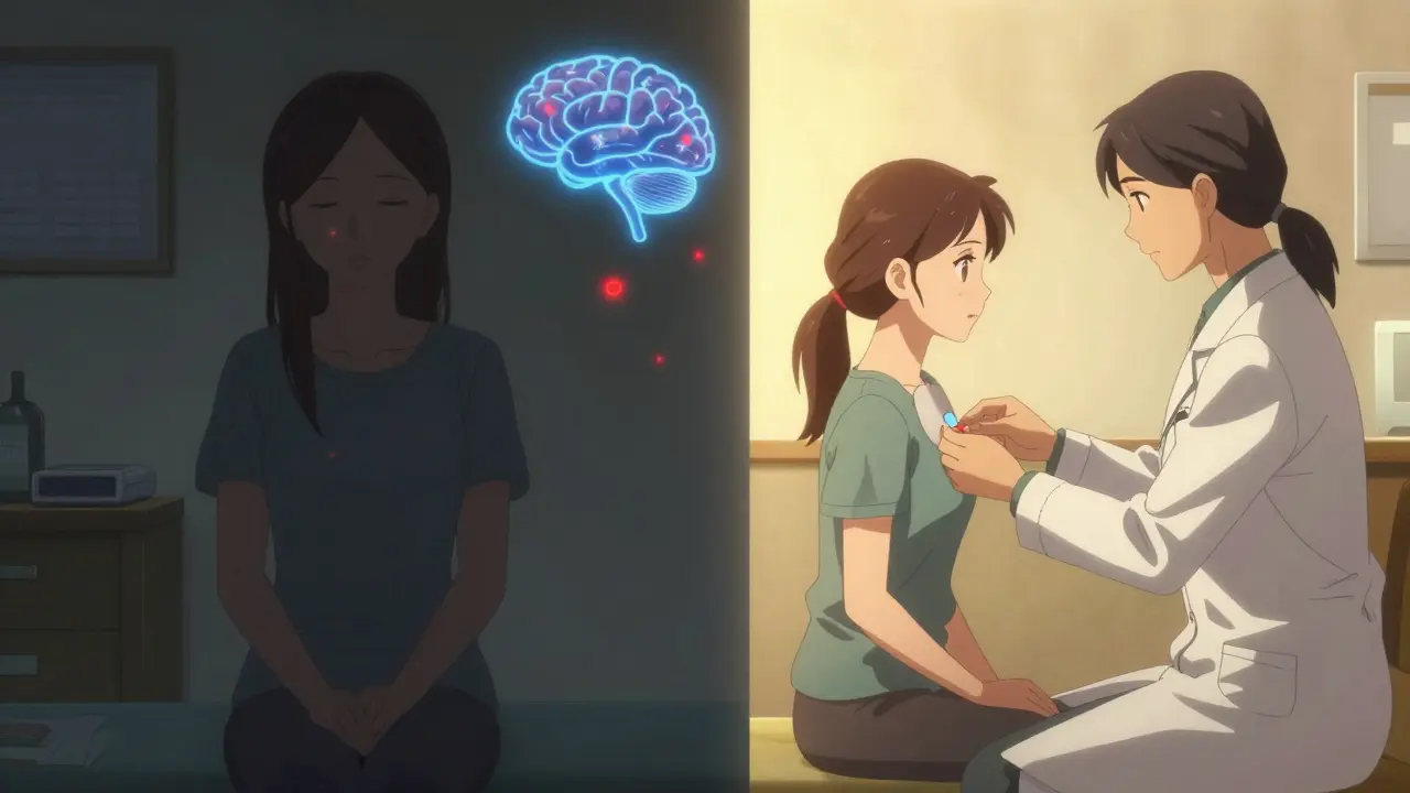 Split scene: one side shows isolation with medication, the other shows hope with hormone therapy and glowing brain chemistry.
