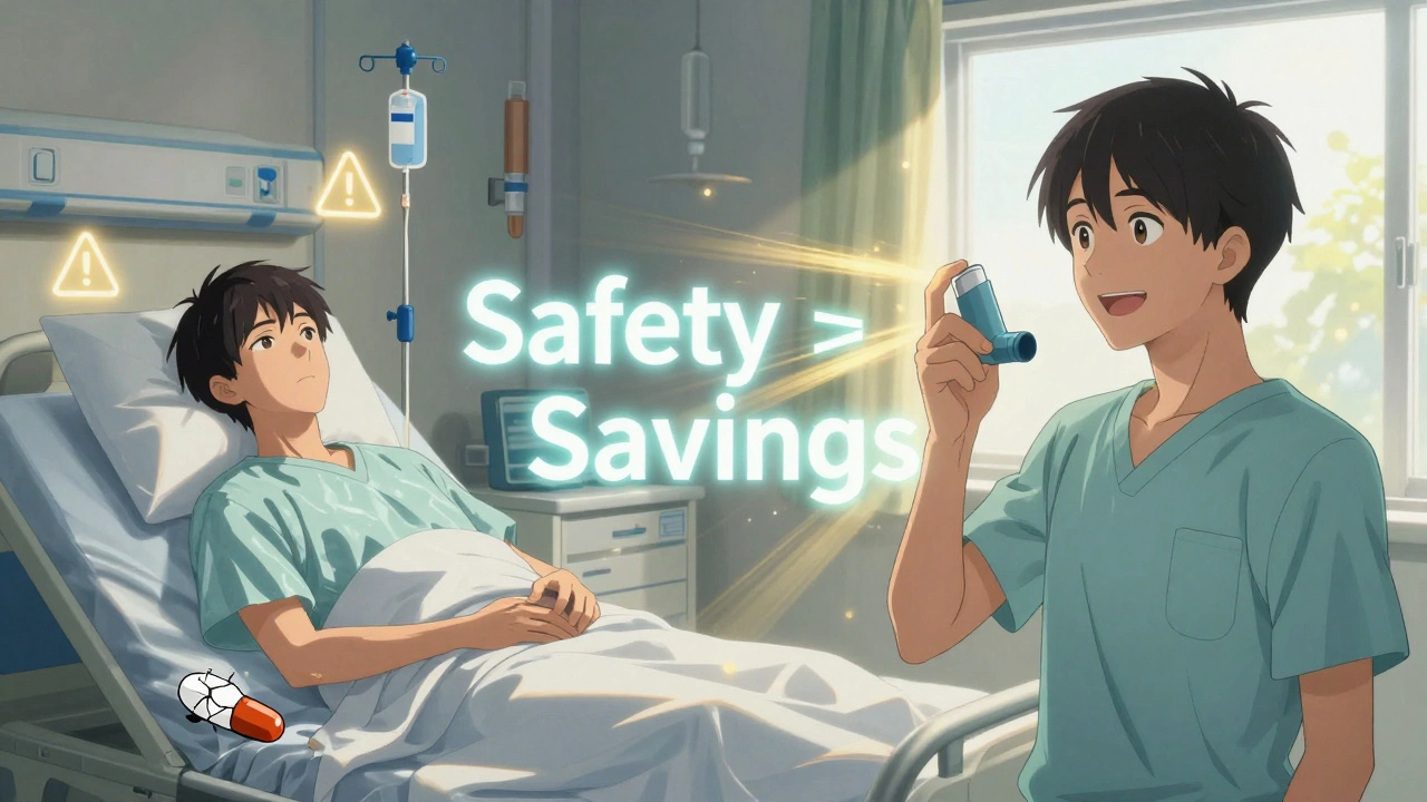 Split scene: patient unstable with generic pill vs. stable with brand inhaler, golden light symbolizing safety.