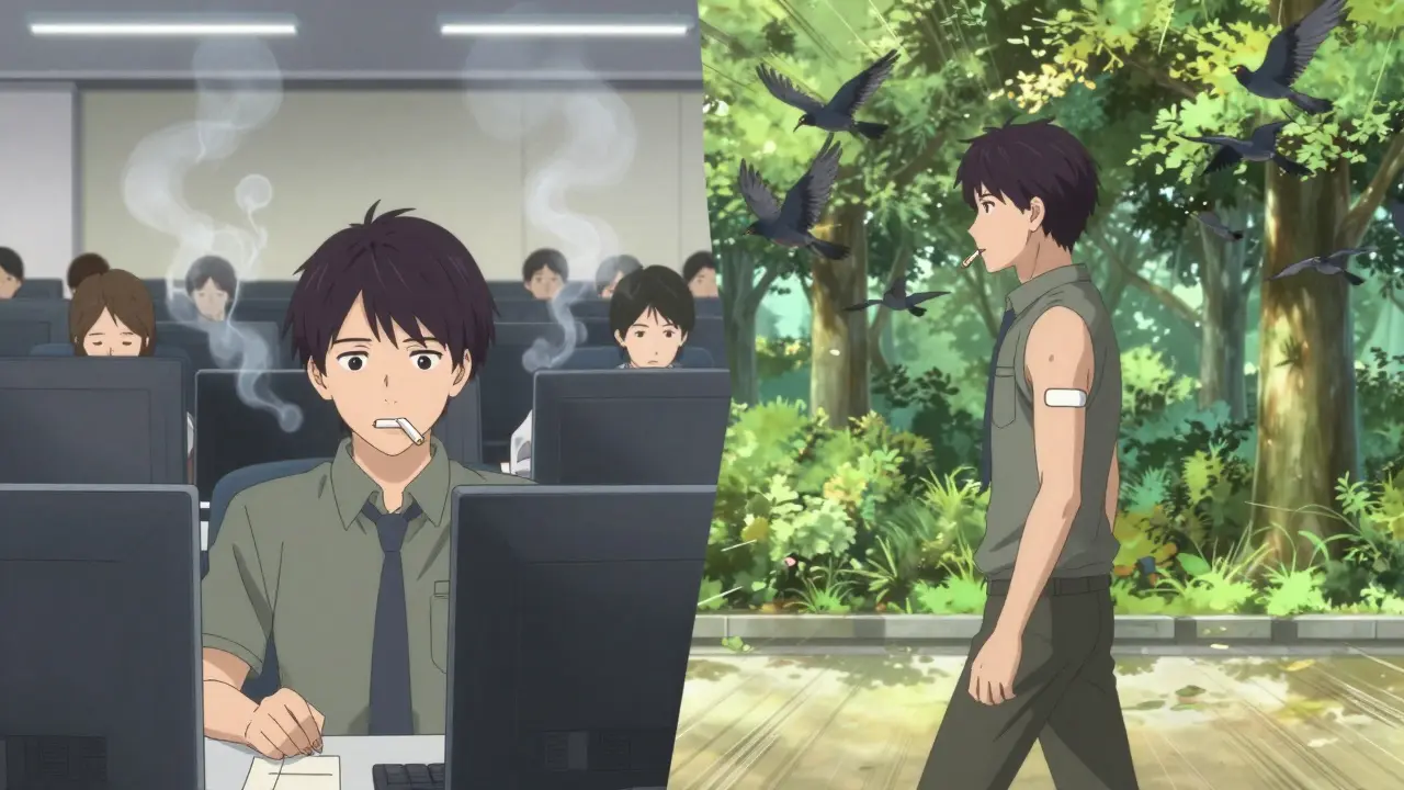 Split scene: someone chewing nicotine gum in a smoky office vs. walking peacefully in a sunlit park.