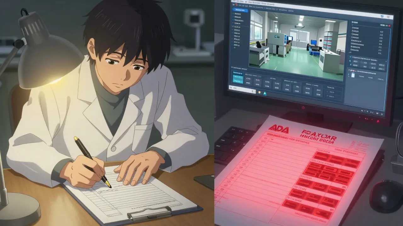 Technician signing a batch record while a remote FDA assessment monitors the facility through a digital interface.