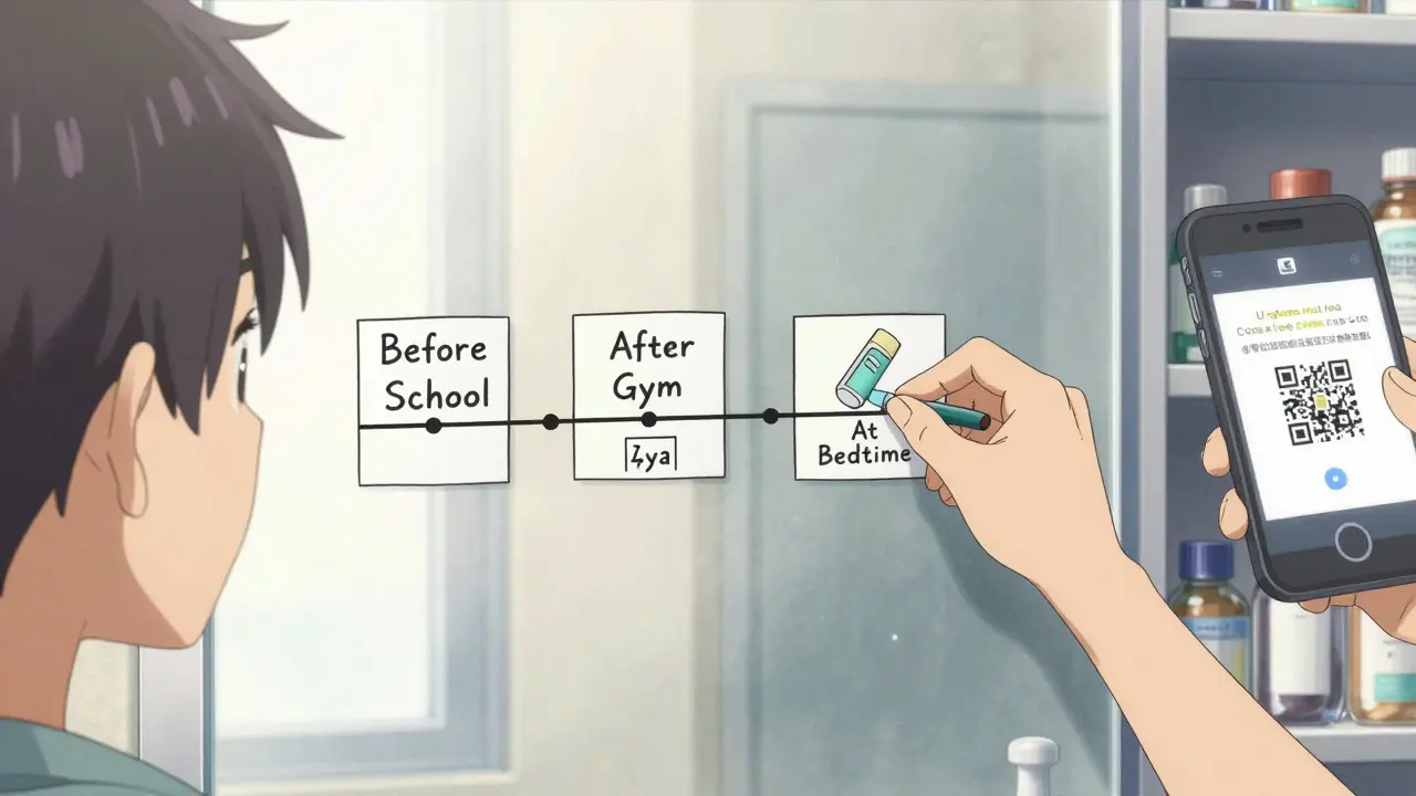 Teenager taping simple illustrated inhaler schedule to bathroom mirror