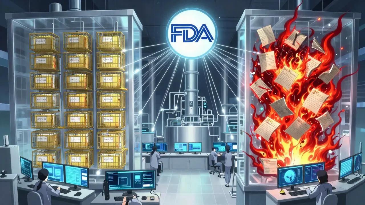 Transparent factory with protected audit files in golden cages and reactive investigation files in fiery red, connected to an FDA logo.