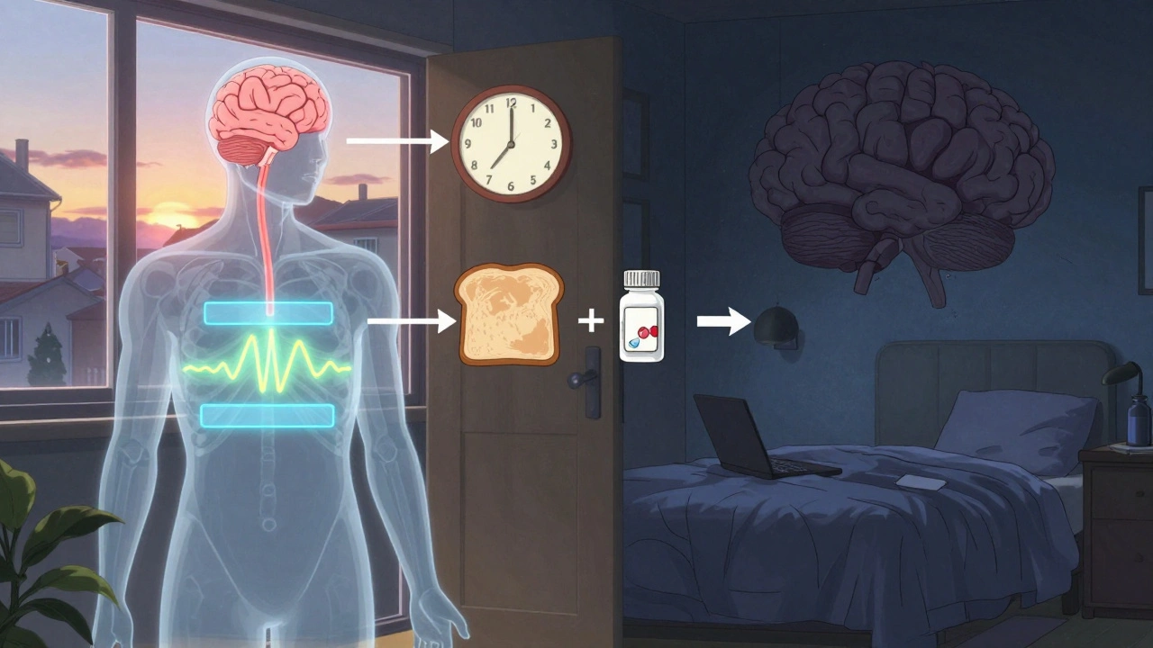 Transparent human with brain rhythms balanced by timing, toast, and pill, contrasted with chaotic night shift version.