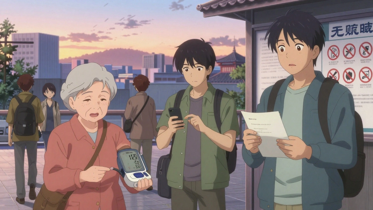 Travelers in foreign city at dawn with blood pressure monitor, phone alarms, and health notice board.