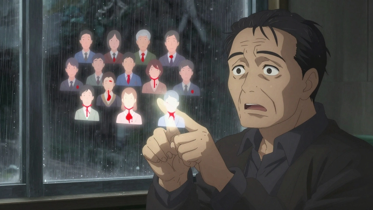 Veteran staring at a 3D icon grid comparing bleeding risks between old and new blood thinners.