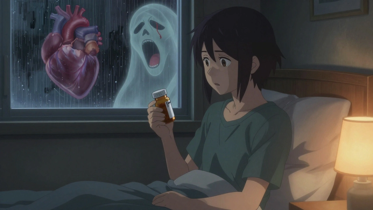 Young person holding pill bottle with ghostly side effect figures looming behind them in a rainy room.