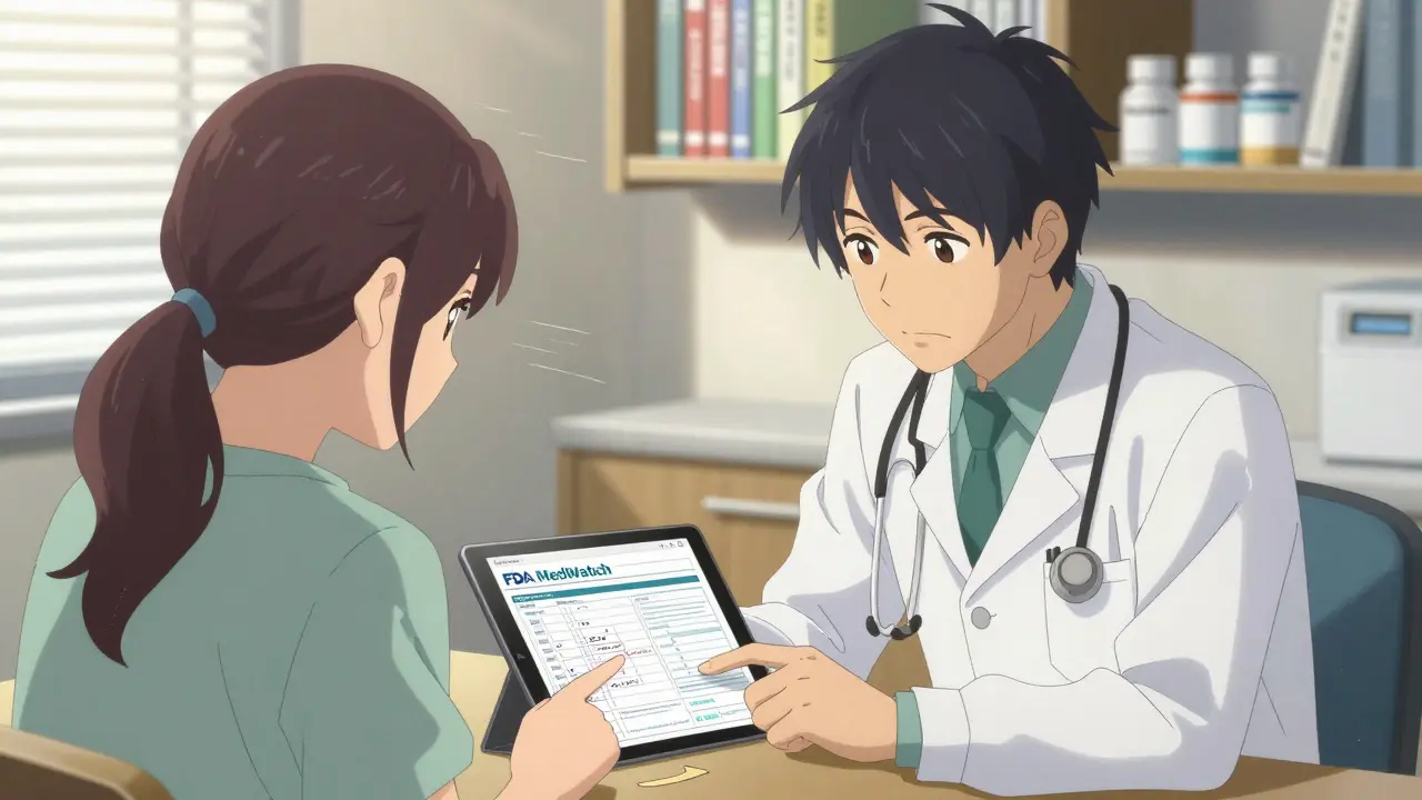 A doctor and patient reviewing an FDA reporting form together in a sunny clinic.
