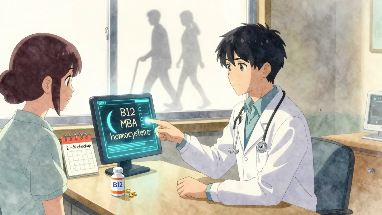A doctor and patient reviewing blood test results showing low B12 levels, with supplements on the table.