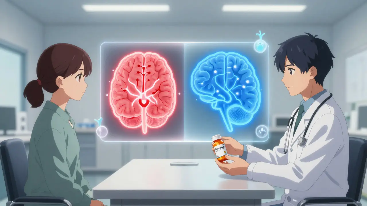 A doctor hands a patient a statin bottle, with dual brain scan visuals floating beside them.