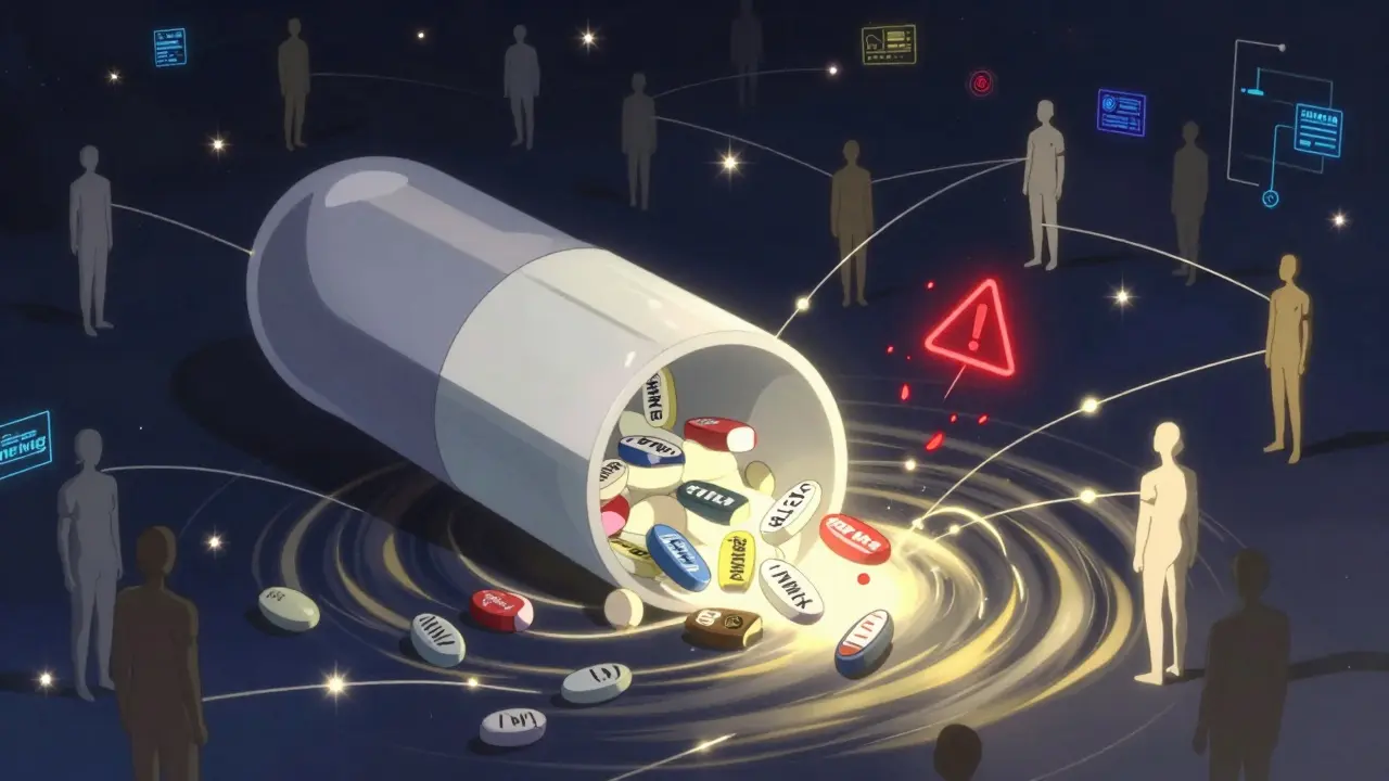 A giant pill dissolving into glowing threads connecting to people, with digital warning symbols.