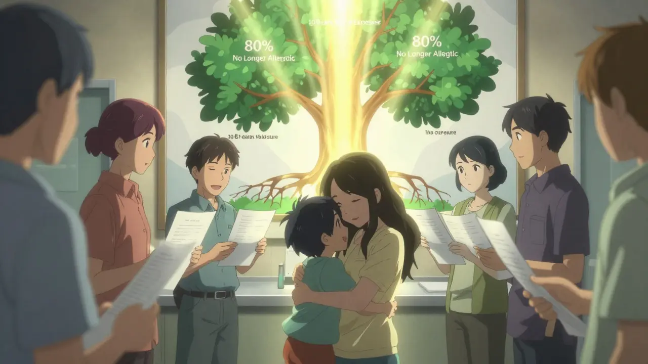 A group of people celebrate with test results, a tree chart behind them showing how most outgrow penicillin allergies over time.