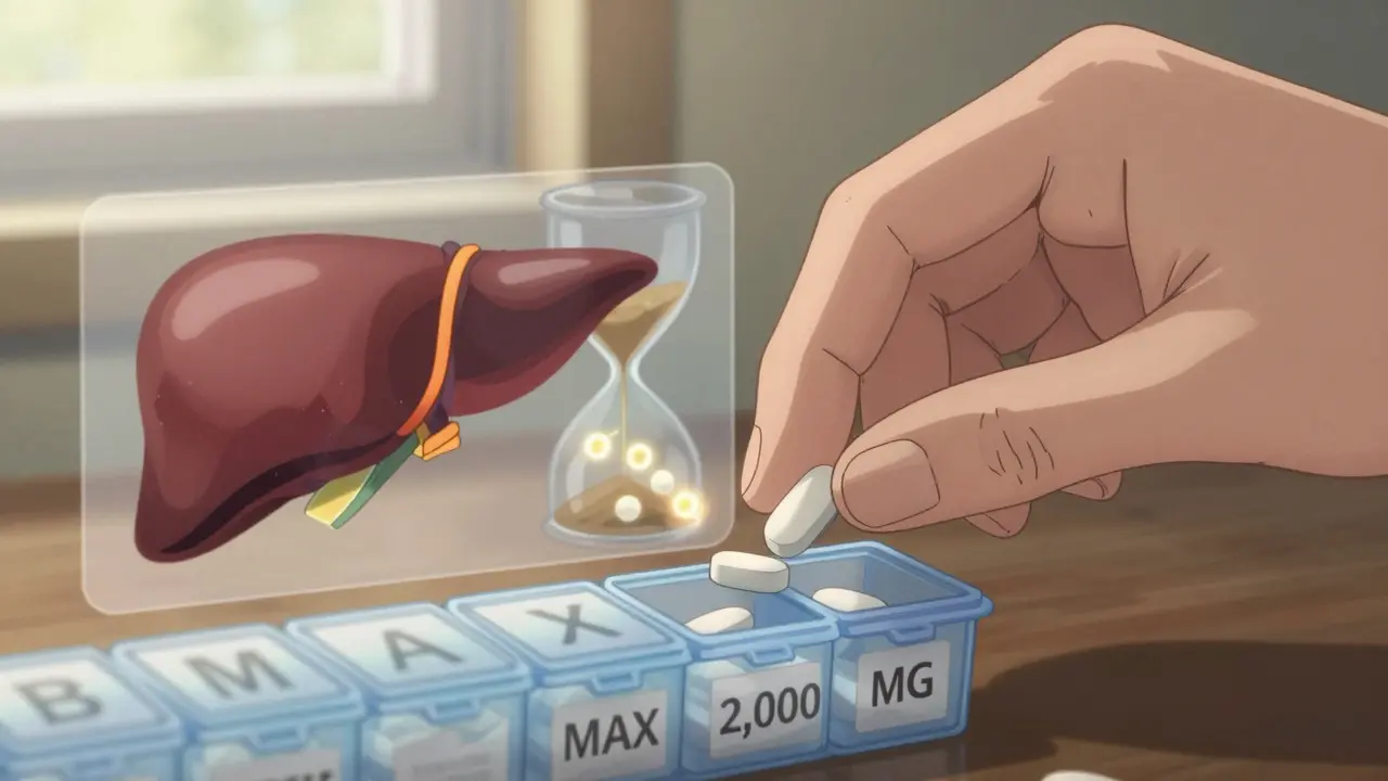 A hand placing pills into a labeled organizer, with healthy and damaged livers shown side by side in transparent overlay.