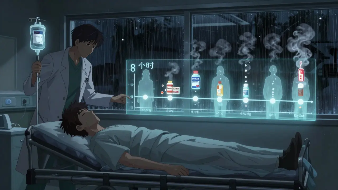 A patient in an ER with an NAC IV drip, a fading timeline showing overdose progression, hidden medications dissolving into smoke.