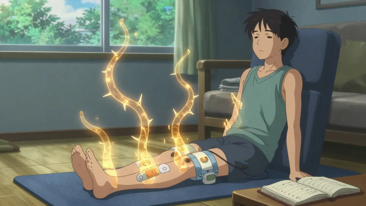 A patient using a TENS unit with golden energy pulses calming damaged nerves in a sunlit room.