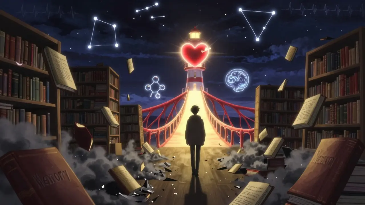 A person walks through a crumbling library toward a glowing heart-lighthouse made of blood vessels.