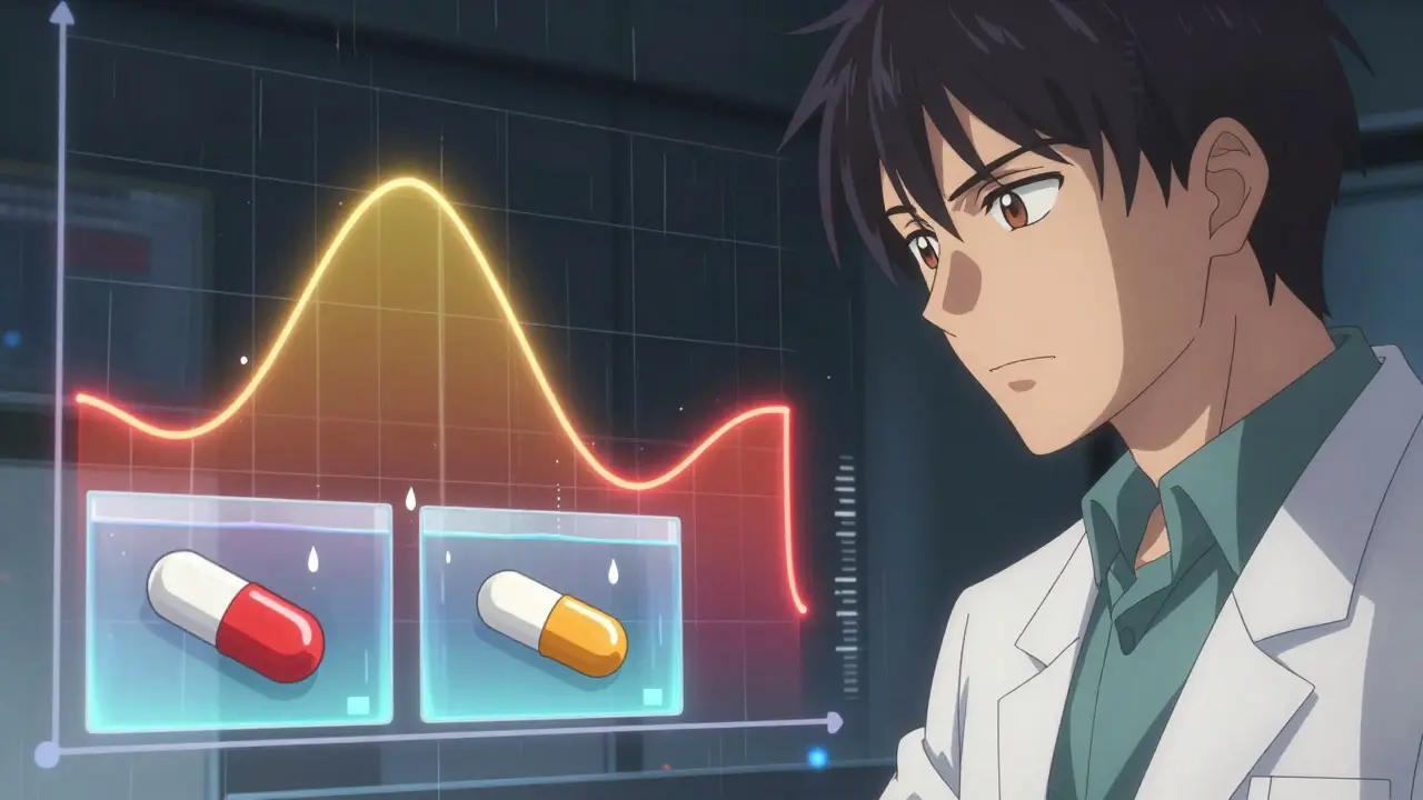 A scientist studies a glowing dissolution profile graph with side-by-side comparisons of brand and generic pills.