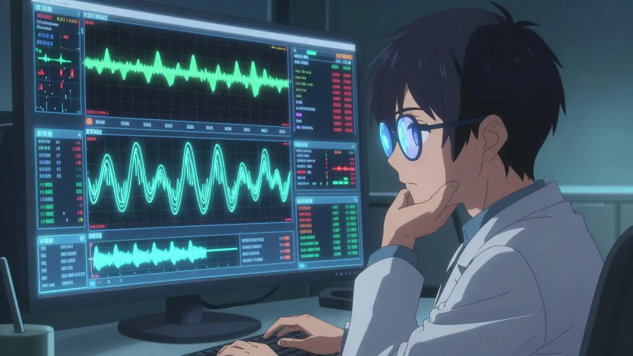 A sleep specialist analyzing complex waveform graphs on glowing digital displays in a dimly lit control room.
