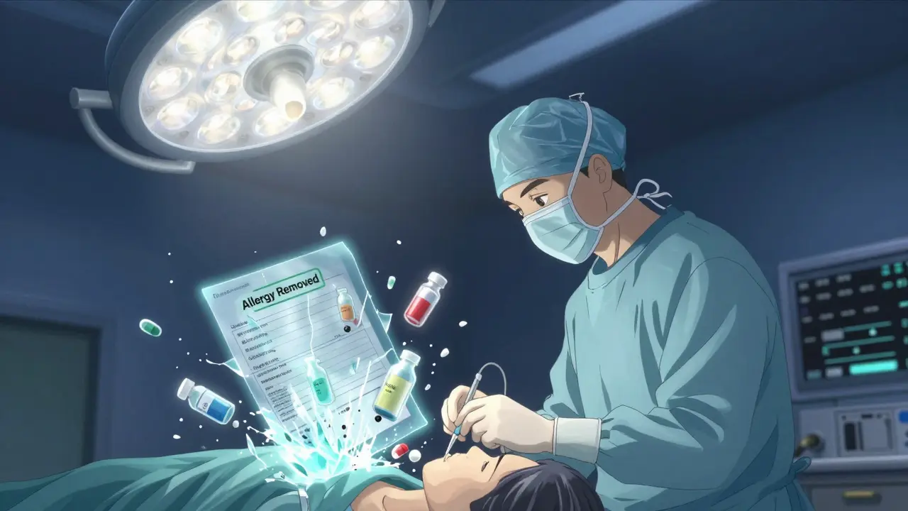 A surgeon prepares to give a safe antibiotic as harmful alternatives shatter in a glowing overlay inside an operating room.