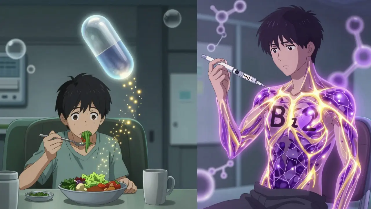 A vegetarian patient losing B12 energy while a supplement restores it, showing contrast between deficiency and recovery.