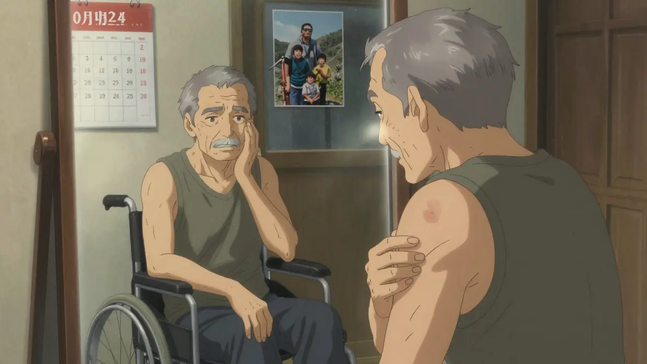An older man sees his younger self in pain in a mirror, surrounded by medical appointments and family photos.