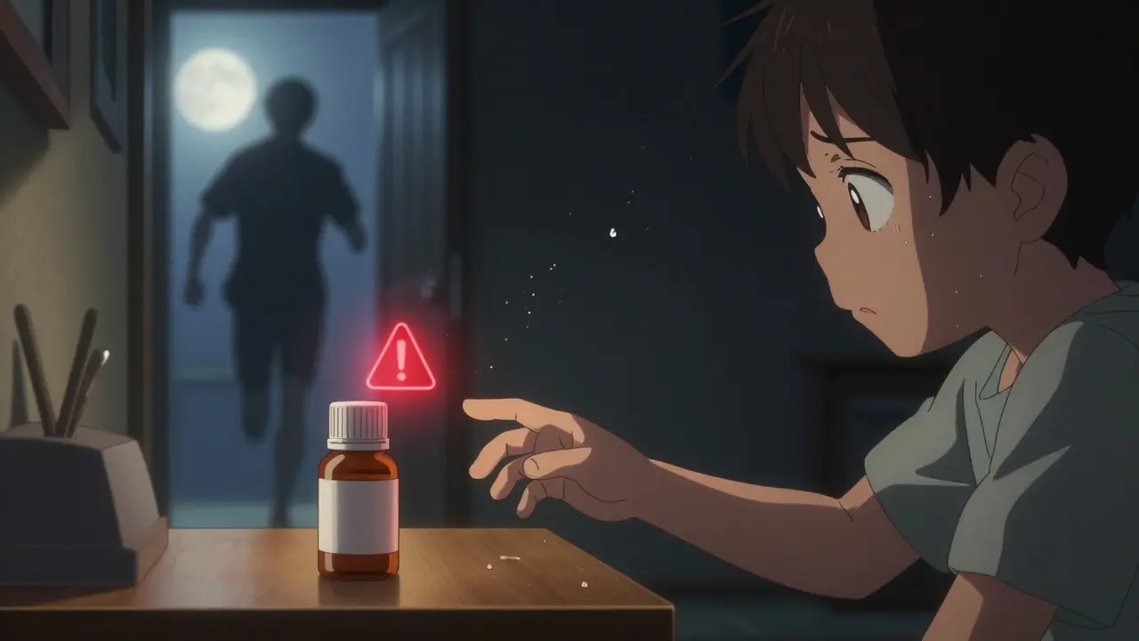 Child reaching for an open medicine bottle under moonlight, warning symbol glowing above.