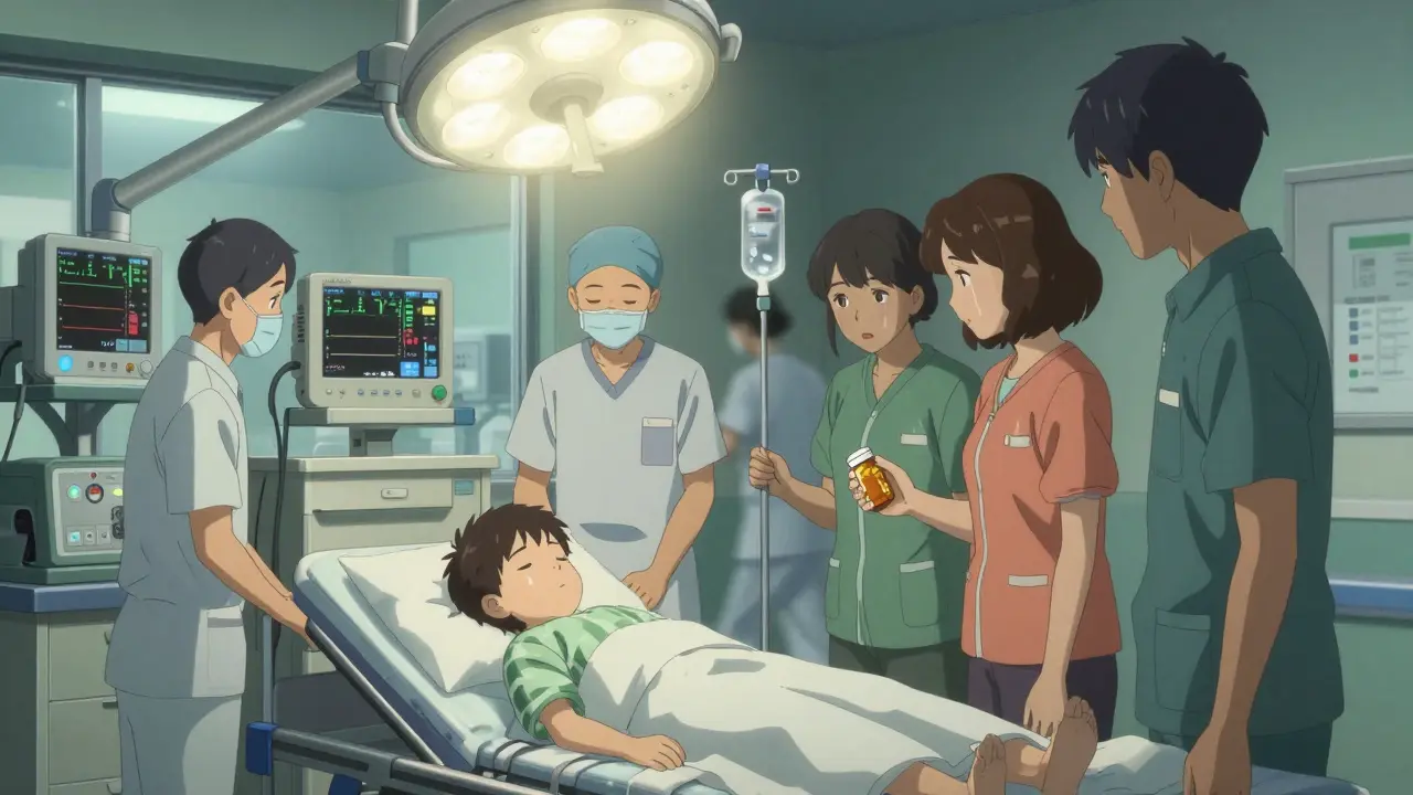 Child safely monitored in hospital ER, parents holding pill bottle as staff attend.