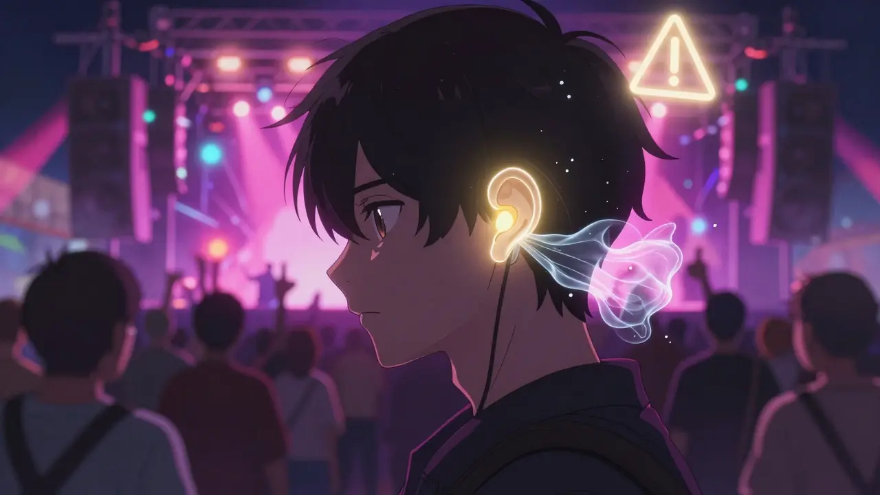 Concertgoer with golden ear protection as inner ear hair cells fray from loud sound.