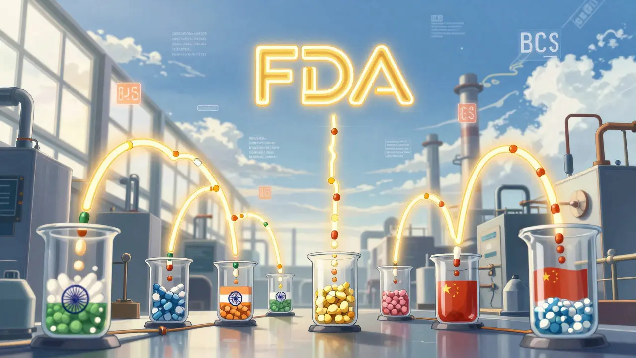 Dissolving pills from around the world emit matching curves that form the FDA logo in the sky.
