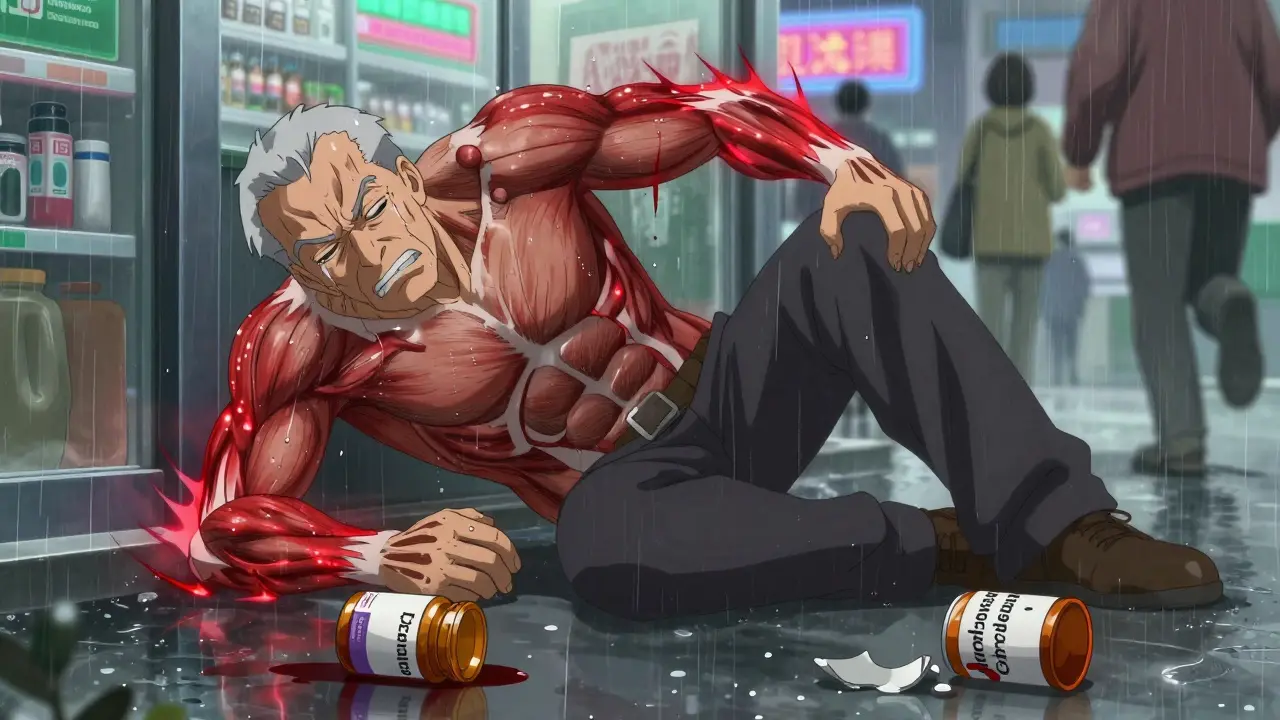 Elderly man collapsing as toxic energy radiates from muscles after dangerous drug mix.